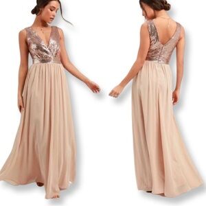 Lulu’s NWT Elegant Encounter Champagne Sequin Maxi Gown Prom Size Small